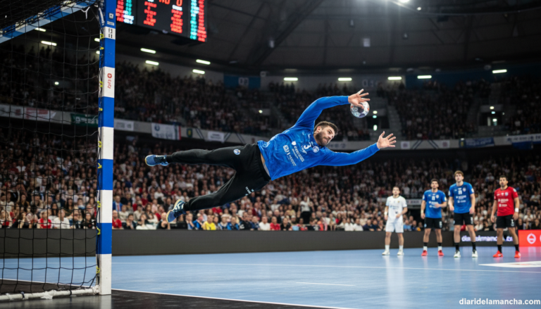 A handball goalkeeper making a spectacular save in an indoor sports arena, diving with both hands extended to block a shot...