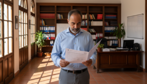 Profesor revisando documentación sobre jubilación anticipada en centro educativo