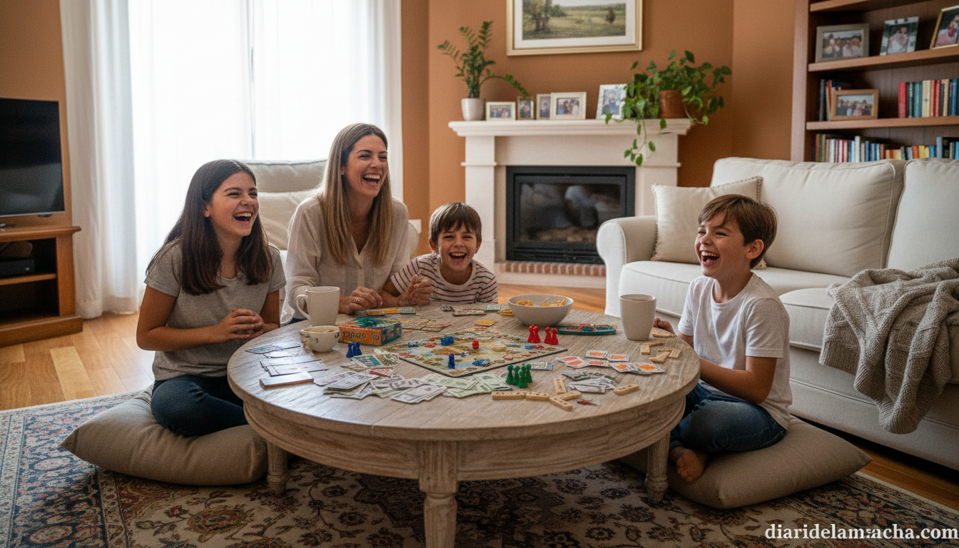 Familia española jugando a juegos de mesa familiares en el salón