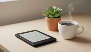 Kindle Paperwhite lector electrónico sobre mesa de madera con taza de café