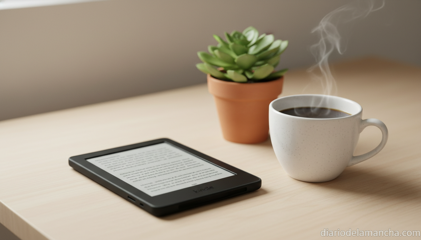 Kindle Paperwhite lector electrónico sobre mesa de madera con taza de café