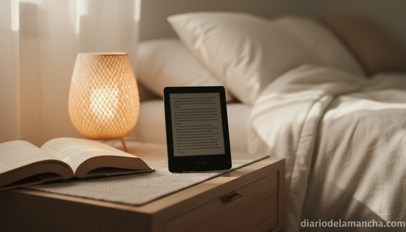 Kindle Paperwhite sobre mesilla de noche con libro y luz cálida