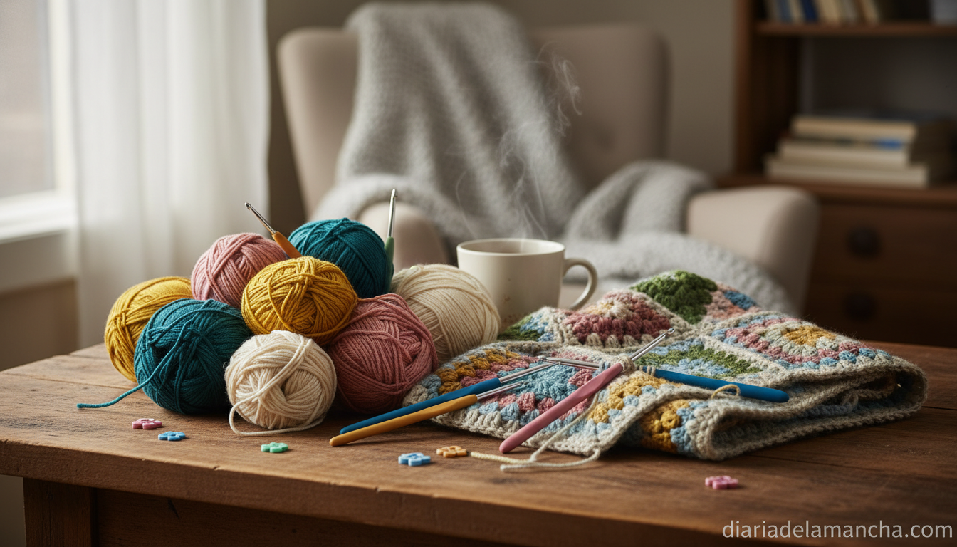 Kit de crochet para principiantes con ovillos de colores y ganchillos de diferentes tamaños