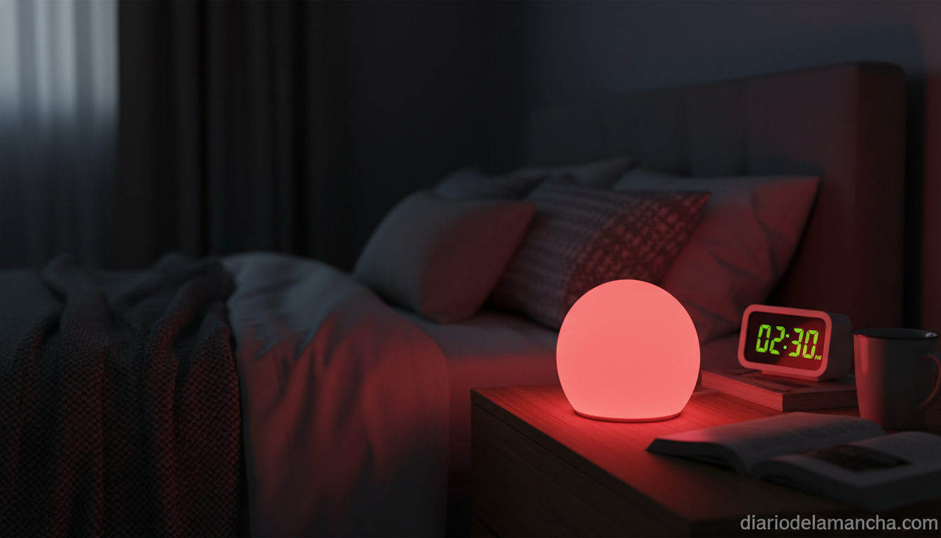 Lámpara de luz roja para dormir en mesita de noche