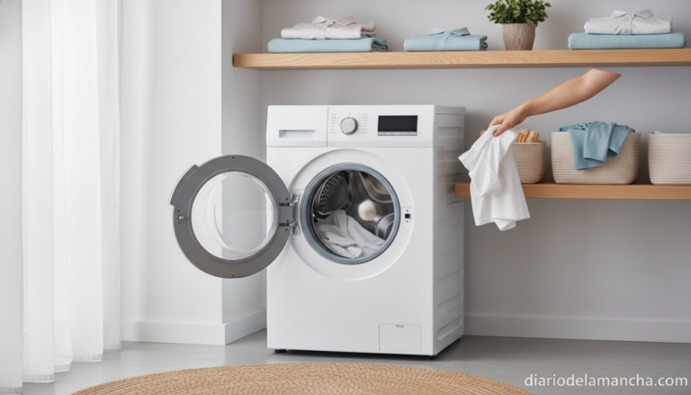 Lavadora moderna eficiente de bajo consumo en lavandería ordenada y luminosa