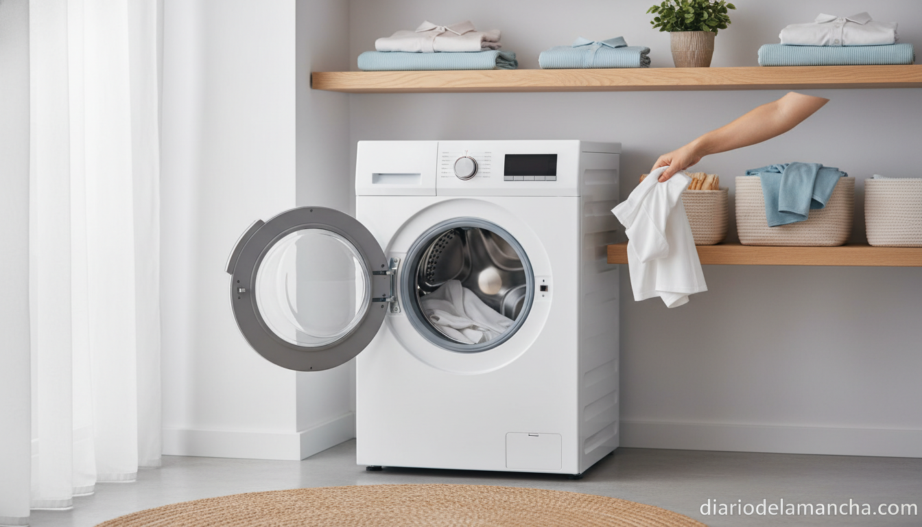 Lavadoras que revolucionan tu hogar: Cuidado y comodidad para tu ropa 1 Lavadora moderna eficiente de bajo consumo en lavandería ordenada y luminosa