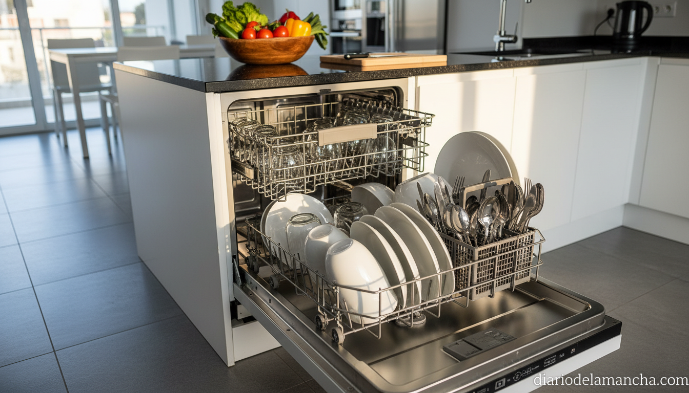 Lavavajillas Balay Siemens abierto con vajilla limpia en cocina moderna