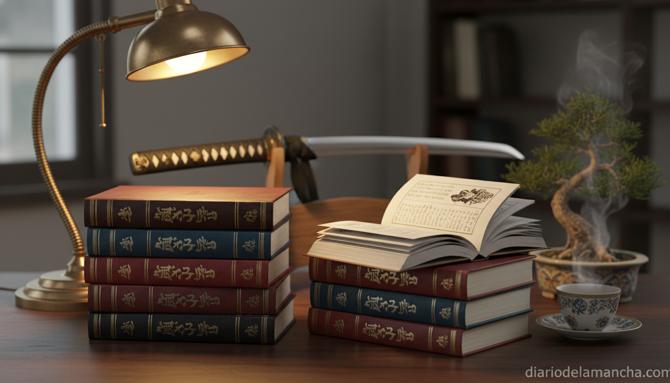 Estrategia, disciplina y combate: Guía definitiva de libros para dominar la defensa personal con filosofía y alto rendimiento 1 Libros de filosofía samurái sobre escritorio de madera con katana y lámpara de lectura