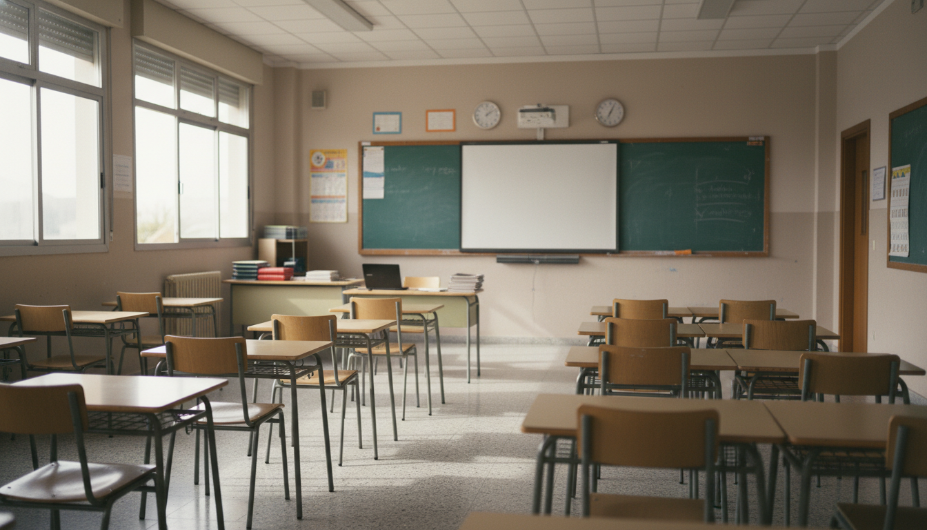 Aula de instituto en España con pupitres vacíos y pizarra al fondo, luz natural por ventanas amplias, ambiente académico s...