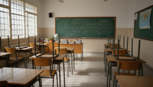 Aula de instituto español con pupitres vacíos y una pizarra con ecuaciones matemáticas, luz natural entrando por ventanas ...