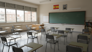 Aula de instituto español con sillas vacías, pizarra verde al fondo, luz natural por ventanas. Escena tranquila y ordenada...