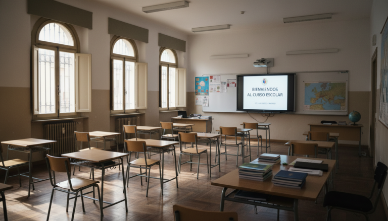 Aula de instituto en España con pupitres vacíos ordenados, pizarra digital al fondo, luz natural por ventanas laterales, a...