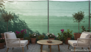 Malla de ocultación instalada en jardín con plantas y sillas de exterior