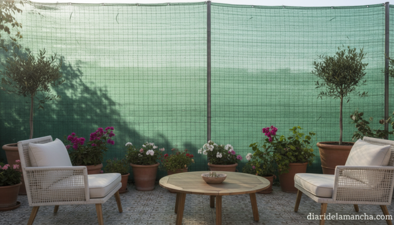 Malla de ocultación instalada en jardín con plantas y sillas de exterior