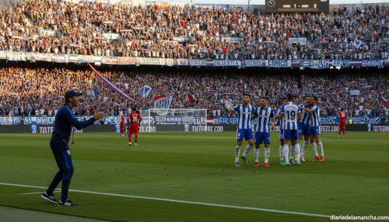 Football match in a stadium, a coach in a tracksuit giving instructions on the sideline while players celebrate a goal on ...