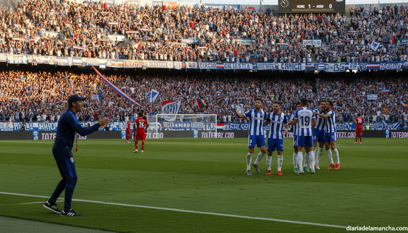 Football match in a stadium, a coach in a tracksuit giving instructions on the sideline while players celebrate a goal on ...