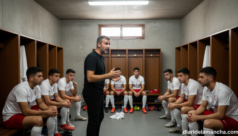 Football coach giving a pre-match team talk in a locker room, players in white and red football kits listening attentively...