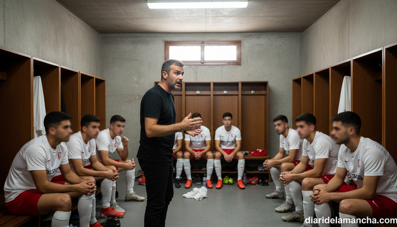 Football coach giving a pre-match team talk in a locker room, players in white and red football kits listening attentively...