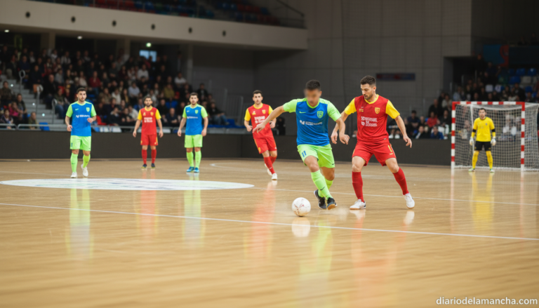Indoor futsal match in a sports hall, two teams competing on a polished court, players in colorful uniforms without visibl...