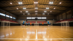 Sports hall interior with a futsal court, bright arena lights overhead, empty court or players practicing, no faces visibl...