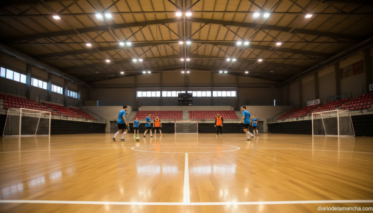 Sports hall interior with a futsal court, bright arena lights overhead, empty court or players practicing, no faces visibl...