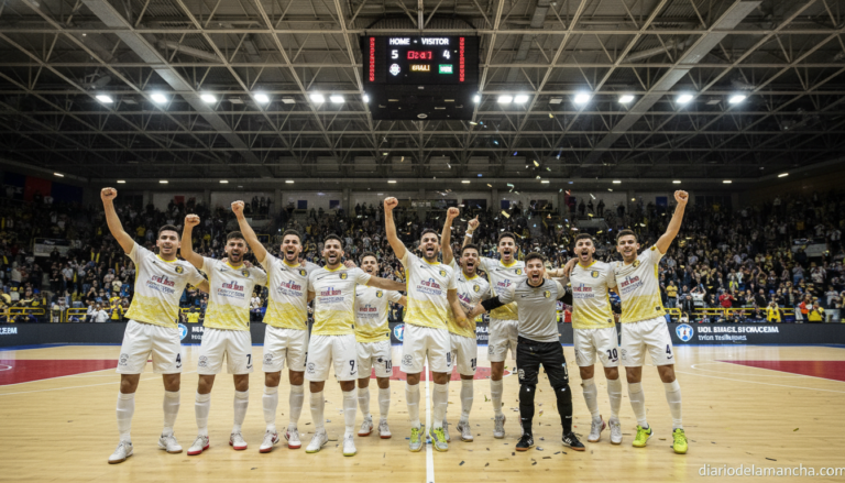 Futsal players celebrating a goal inside a packed sports arena, team in white and yellow kit celebrating with fists raised...
