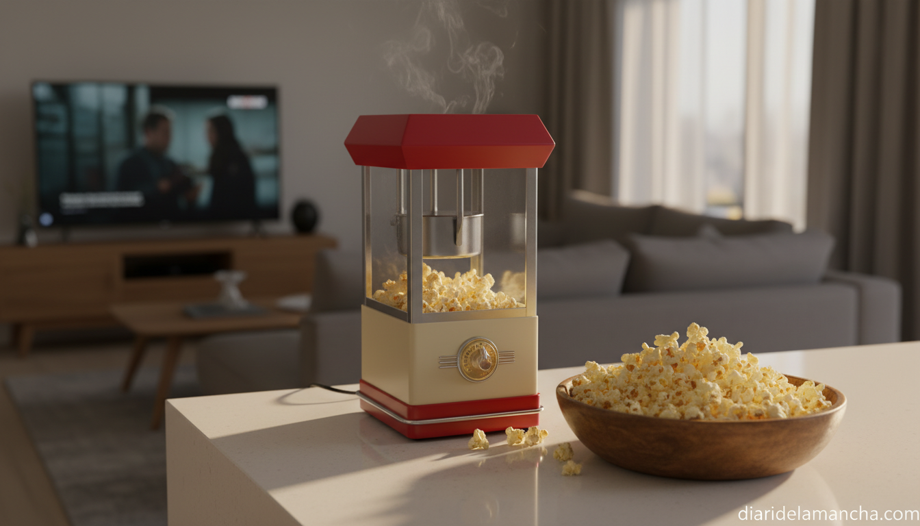 Máquina de hacer palomitas retro junto a un cuenco de palomitas recién hechas en una cocina moderna durante una noche de cine en casa