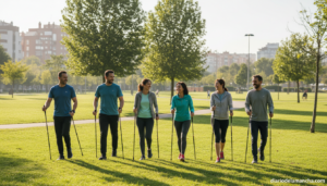 Group of adults doing Nordic walking in a green urban park, holding Nordic poles, solidarity sport activity, cheerful part...