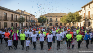 People participating in a solidarity charity walk and run in a small historic Spanish town, families and elderly walking t...