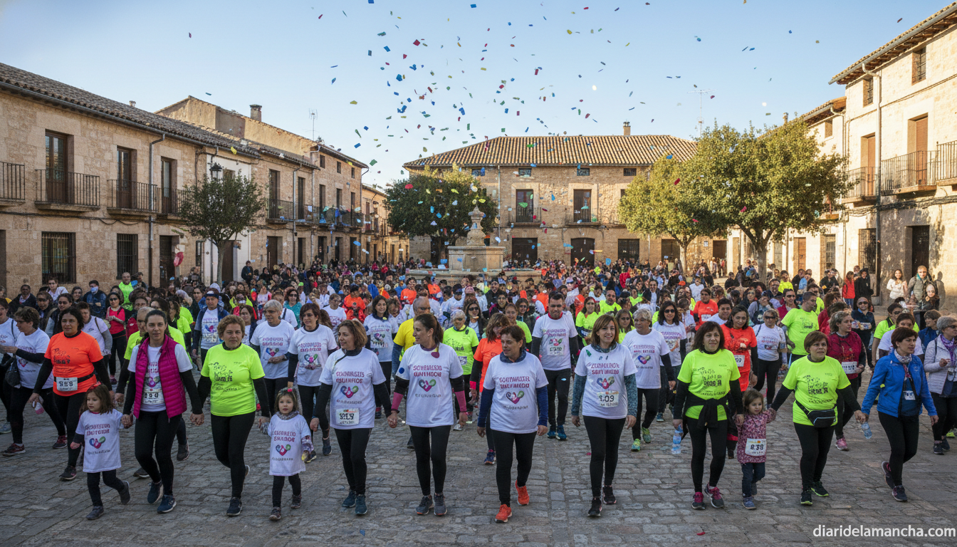 People participating in a solidarity charity walk and run in a small historic Spanish town, families and elderly walking t...