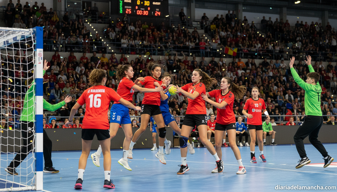 Youth handball match scene, teenage players in action during a handball championship game in an indoor sports arena, dynam...