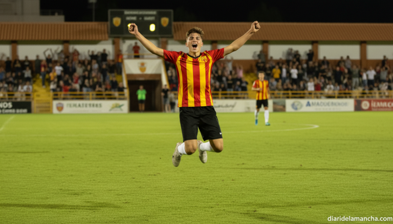 Young football player celebrating a goal in a youth league match, stadium lights, green pitch, jersey without visible logo...