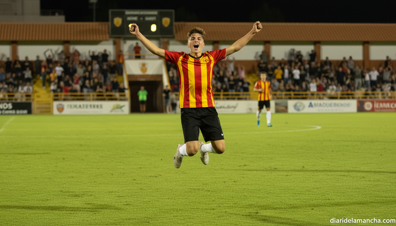 Young football player celebrating a goal in a youth league match, stadium lights, green pitch, jersey without visible logo...