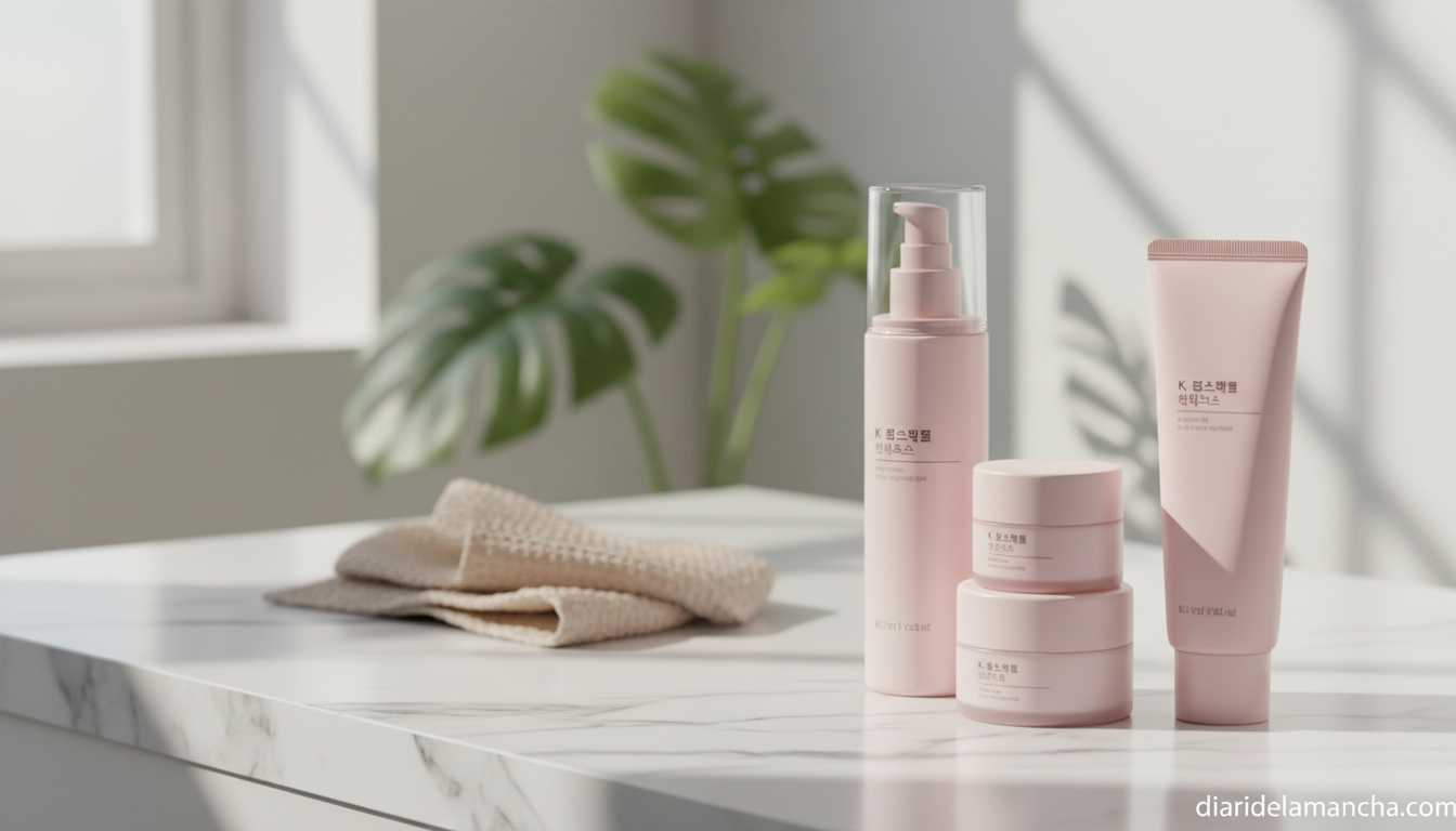 Cosmeticos coreanos Medicube sobre tocador de marmol con luz natural, rutina de cuidado facial k-beauty