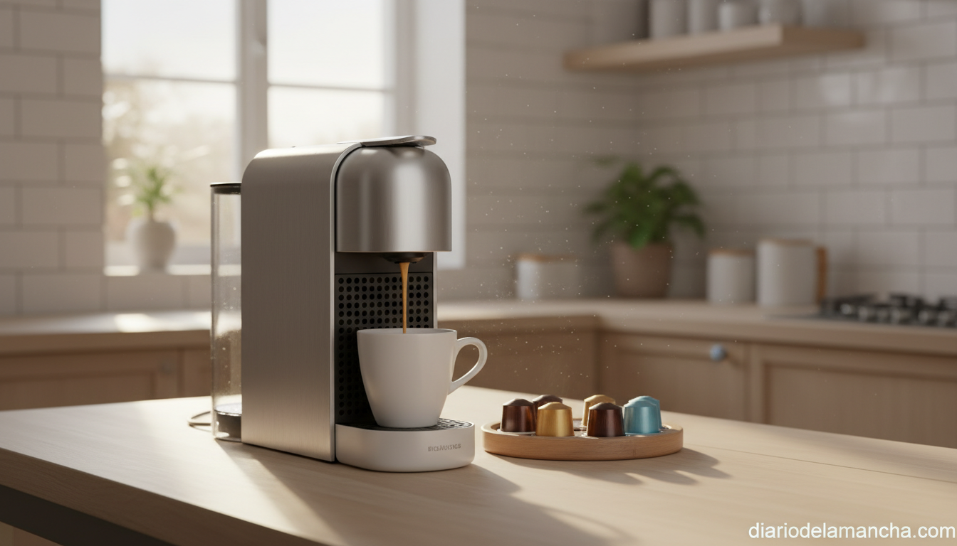 Cafetera de cápsulas automática preparando un espresso en una cocina luminosa