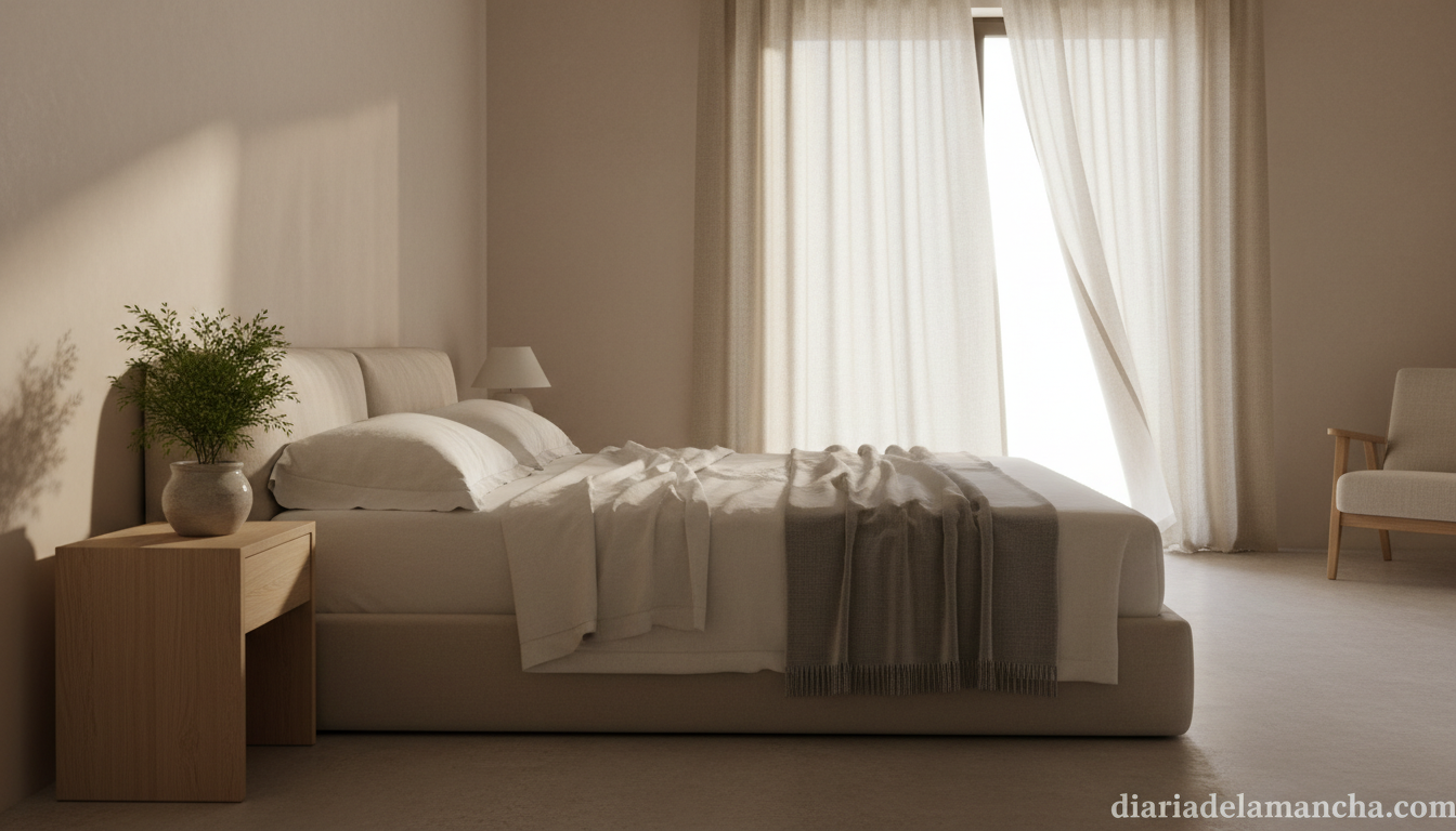 Dormitorio moderno con colchón de calidad y luz natural, ejemplo de descanso reparador