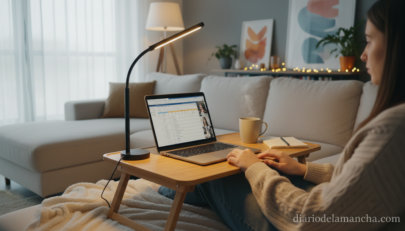 Mesa portátil plegable con lampara LED en sofá de salon