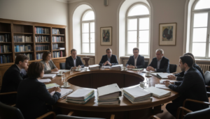 Sala de reuniones institucional con personas sentadas alrededor de una mesa redonda, documentos y carpetas sobre la mesa, ...