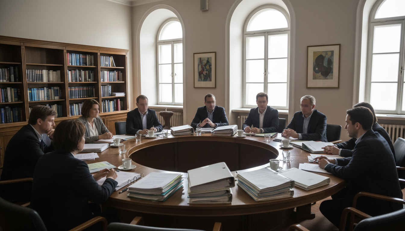 Sala de reuniones institucional con personas sentadas alrededor de una mesa redonda, documentos y carpetas sobre la mesa, ...