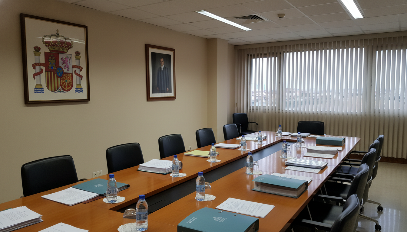 Sala de reuniones institucional en una administración pública española: mesa larga con documentos, carpetas y materiales d...