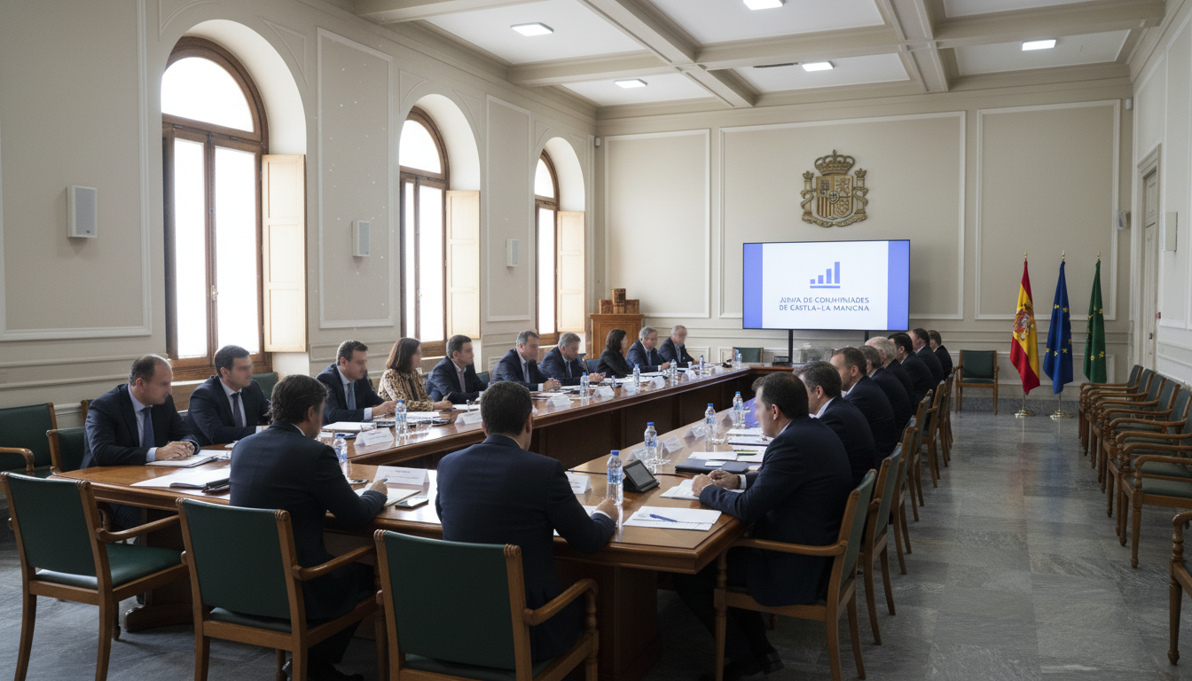 Sala de reunión institucional en España, mesa de conferencias con personas sentadas en junta técnica educativa, ambiente p...