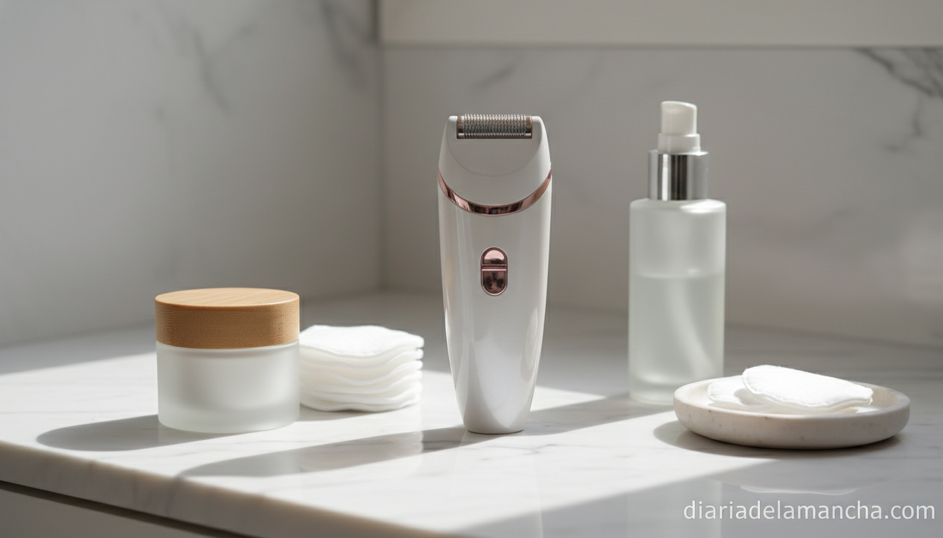 Mini depiladora facial Braun FS1000 junto a productos de cuidado de la piel