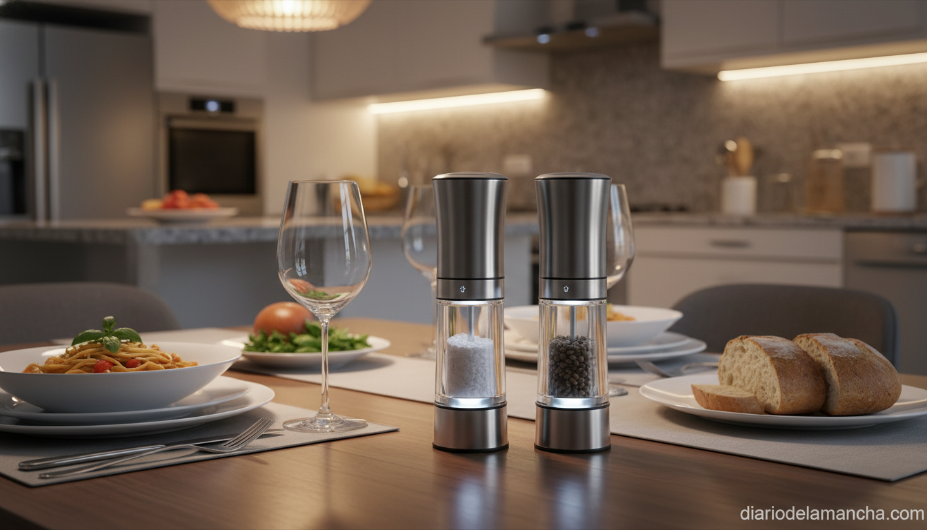Set de molinillos eléctricos de sal y pimienta con luz LED en mesa