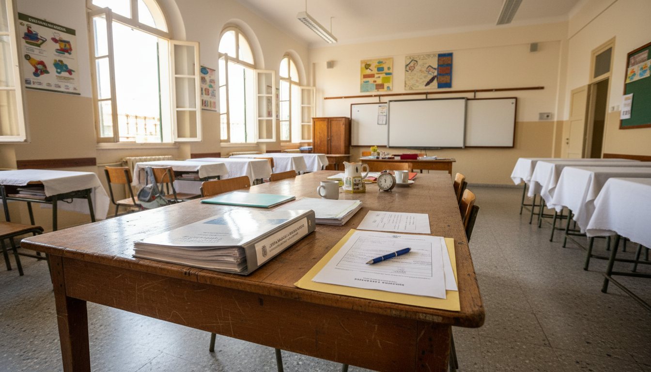 Aula de colegio público en España, mesa de trabajo con documentos oficiales y bolígrafo, luz natural, ambiente educativo a...
