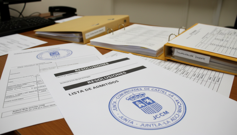 Documentos administrativos oficiales con resoluciones y listas de admitidos sobre mesa de oficina en centro educativo espa...