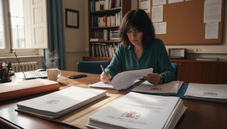 Profesora revisando documentos oficiales en mesa de trabajo en un centro educativo español, papeles administrativos con se...