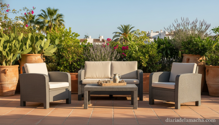 Conjunto de muebles de jardín en rattán sintético en terraza soleada española
