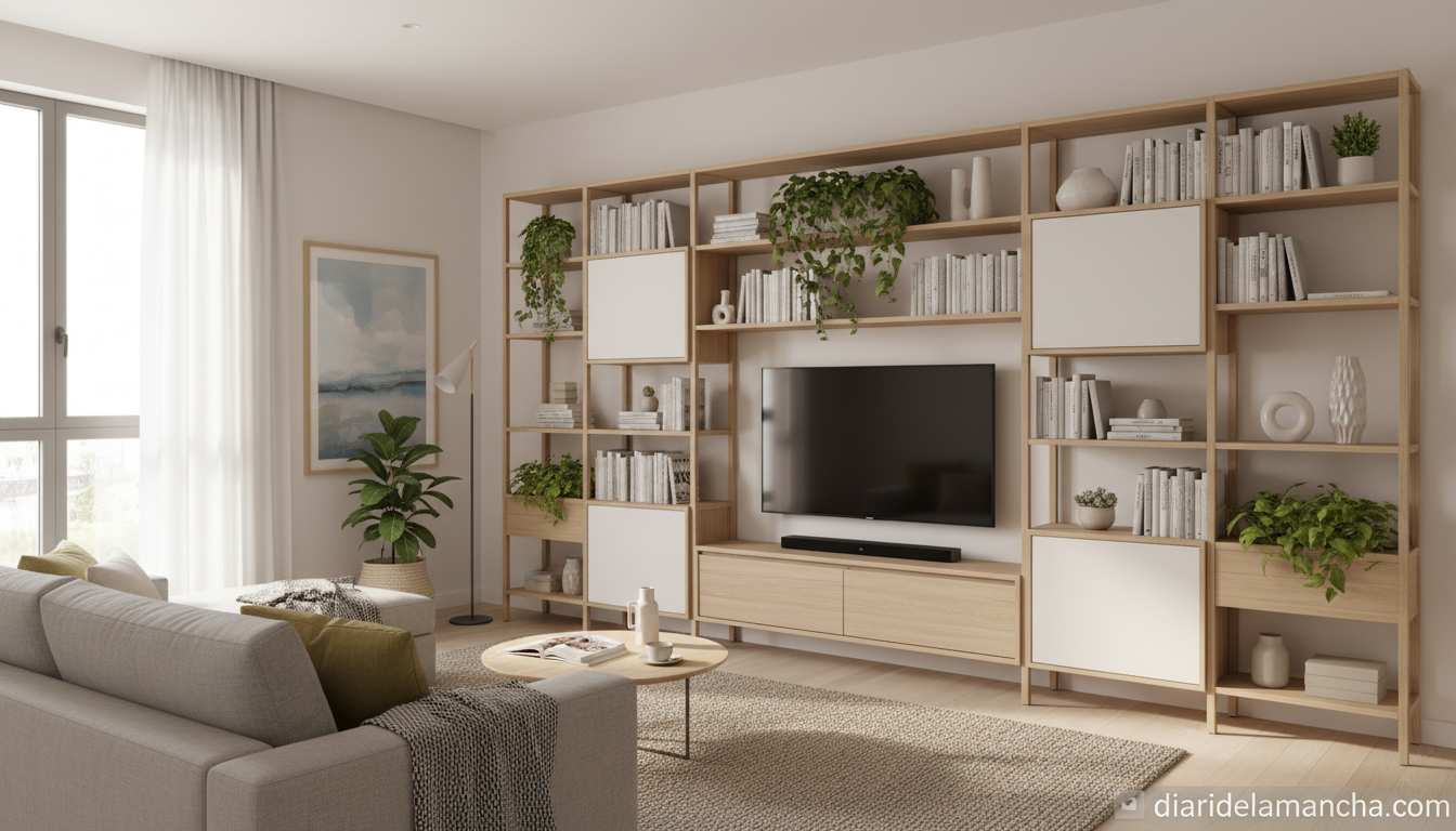 Salón moderno con muebles de almacenaje modulares estilo escandinavo