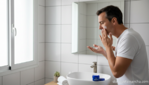 Hombre aplicando crema antiedad Nivea Men Hyaluron en el cuarto de baño por la mañana