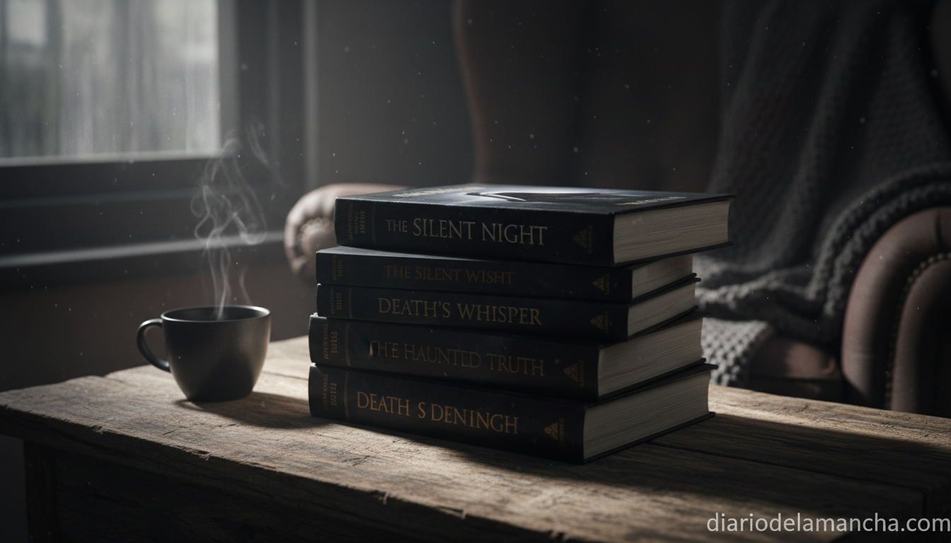 Pila de novelas negras y thrillers sobre una mesa de madera